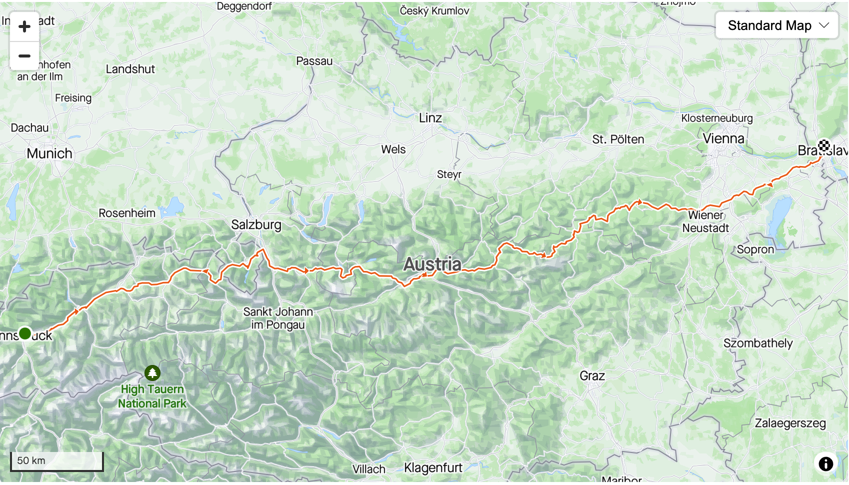 Trasa bikepackingu z Innsbrucku do Bratislavy